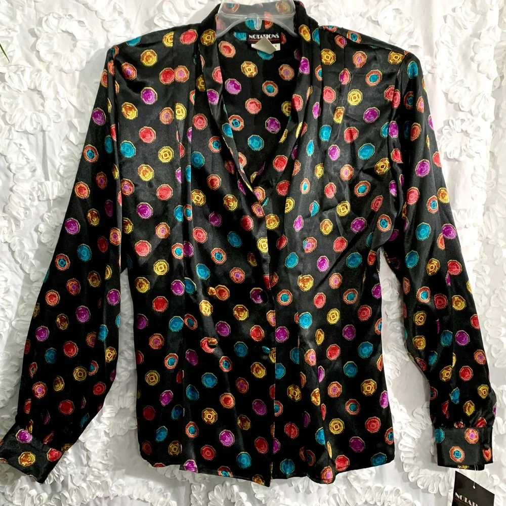 NWT Vintage “Notations” multi color gems on black print long sleeve blouse- 8 - Picture 12 of 12